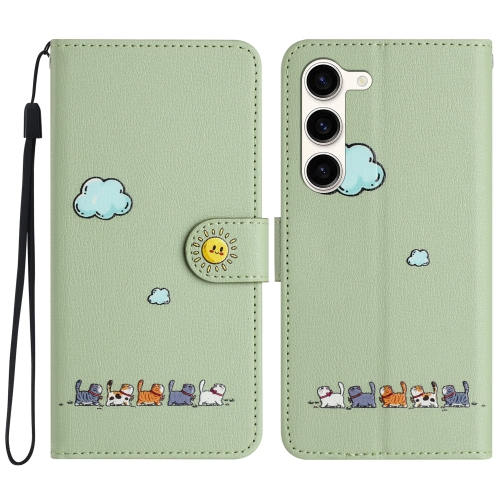 For Samsung Galaxy S23 5G Cartoon Cats Leather Phone Case(Green)