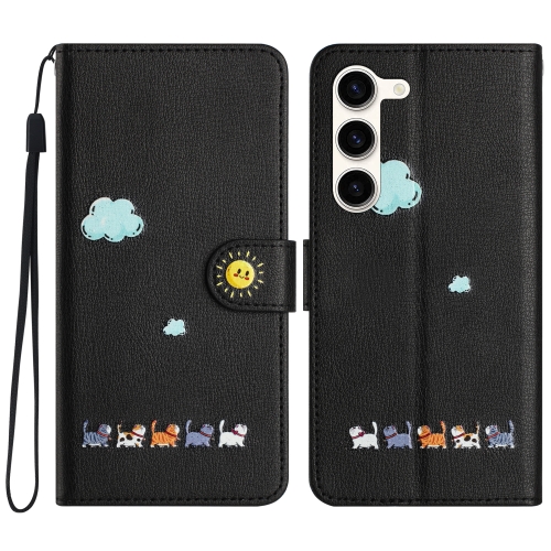 

For Samsung Galaxy S23 5G Cartoon Cats Leather Phone Case(Black)