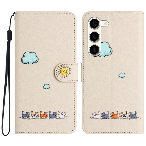 

For Samsung Galaxy S23 5G Cartoon Cats Leather Phone Case(Beige White)