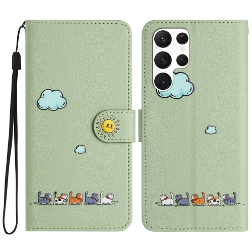 

For Samsung Galaxy S23 Ultra 5G Cartoon Cats Leather Phone Case(Green)