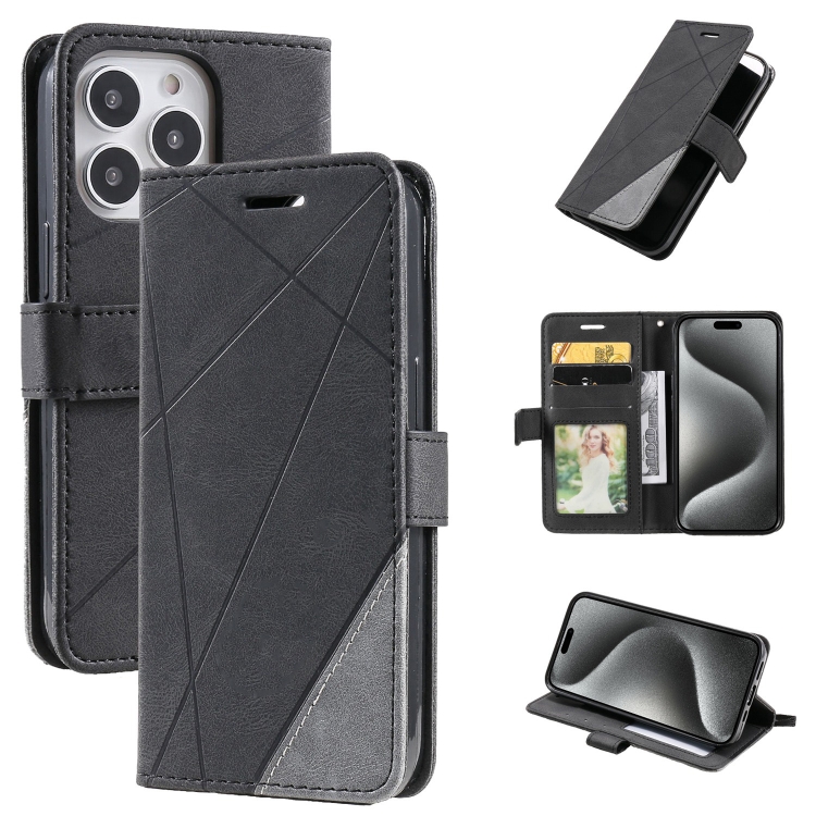

For iPhone 15 Pro Max Skin Feel Splicing Leather Phone Case(Black)