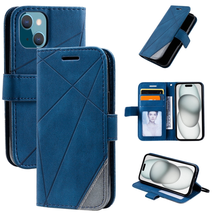 

For iPhone 15 Plus Skin Feel Splicing Leather Phone Case(Blue)