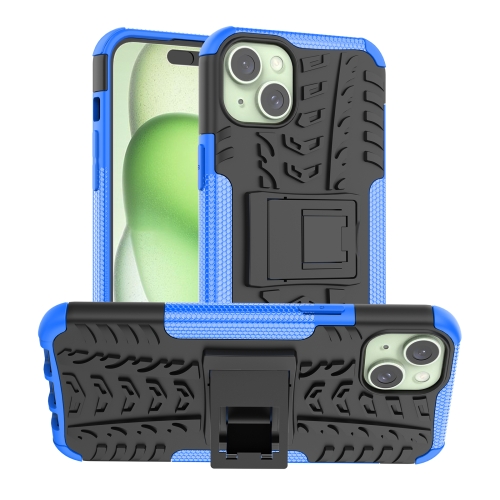 

For iPhone 15 Plus Tire Texture TPU + PC Phone Case with Holder(Blue)