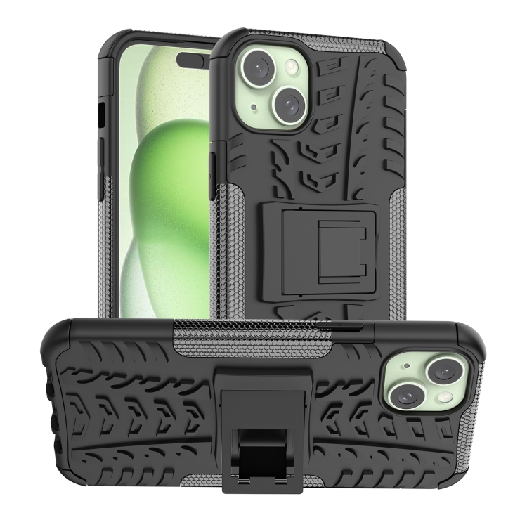 

For iPhone 15 Plus Tire Texture TPU + PC Phone Case with Holder(Black)