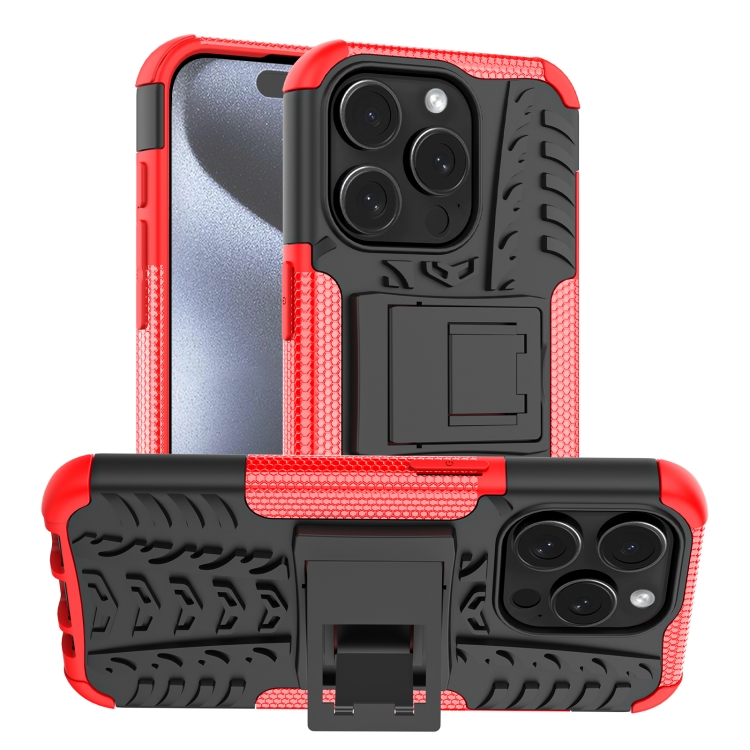 

For iPhone 15 Pro Tire Texture TPU + PC Phone Case with Holder(Red)