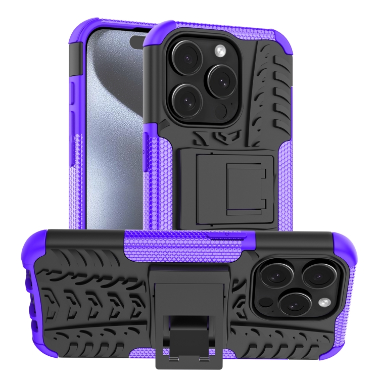 

For iPhone 15 Pro Tire Texture TPU + PC Phone Case with Holder(Purple)