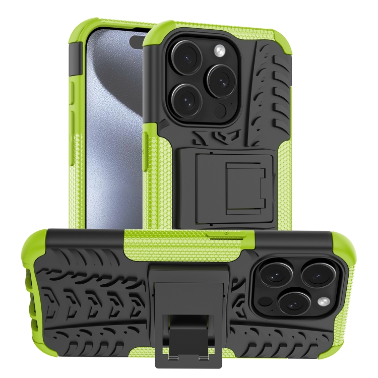 

For iPhone 15 Pro Tire Texture TPU + PC Phone Case with Holder(Green)