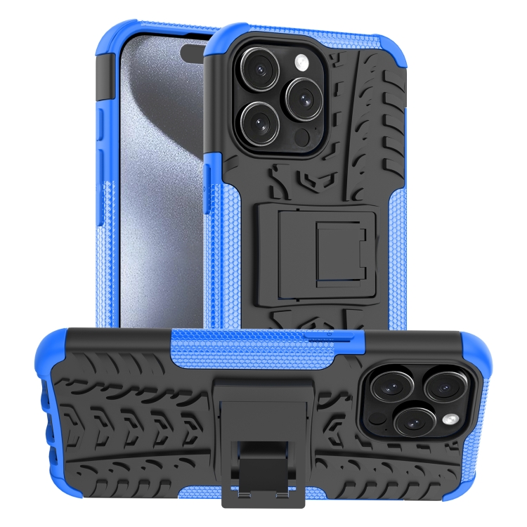 

For iPhone 15 Pro Max Tire Texture TPU + PC Phone Case with Holder(Blue)