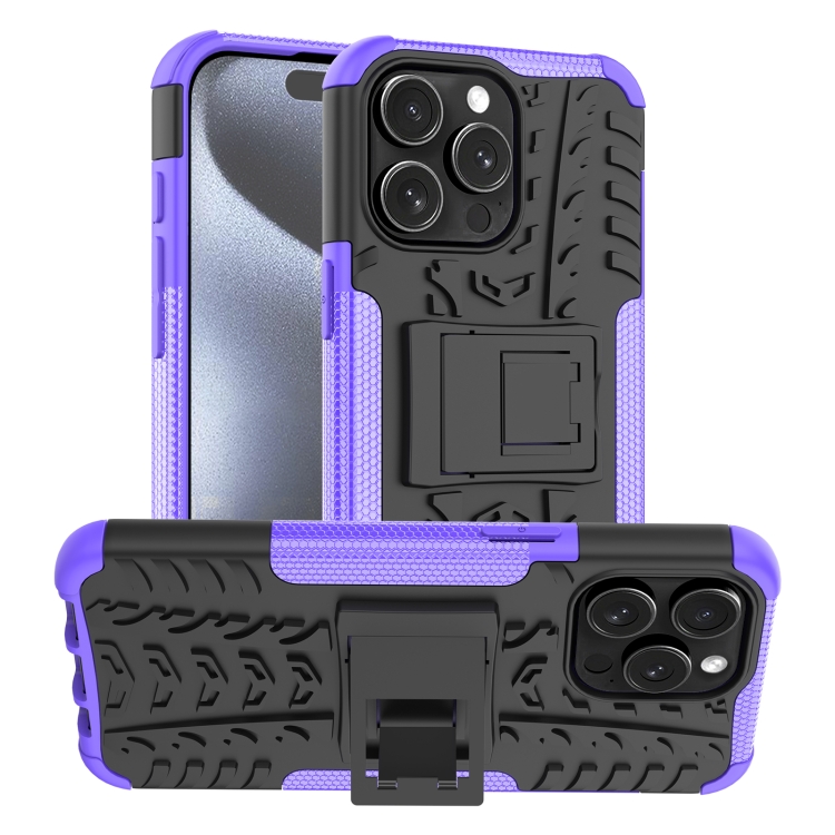 

For iPhone 15 Pro Max Tire Texture TPU + PC Phone Case with Holder(Purple)