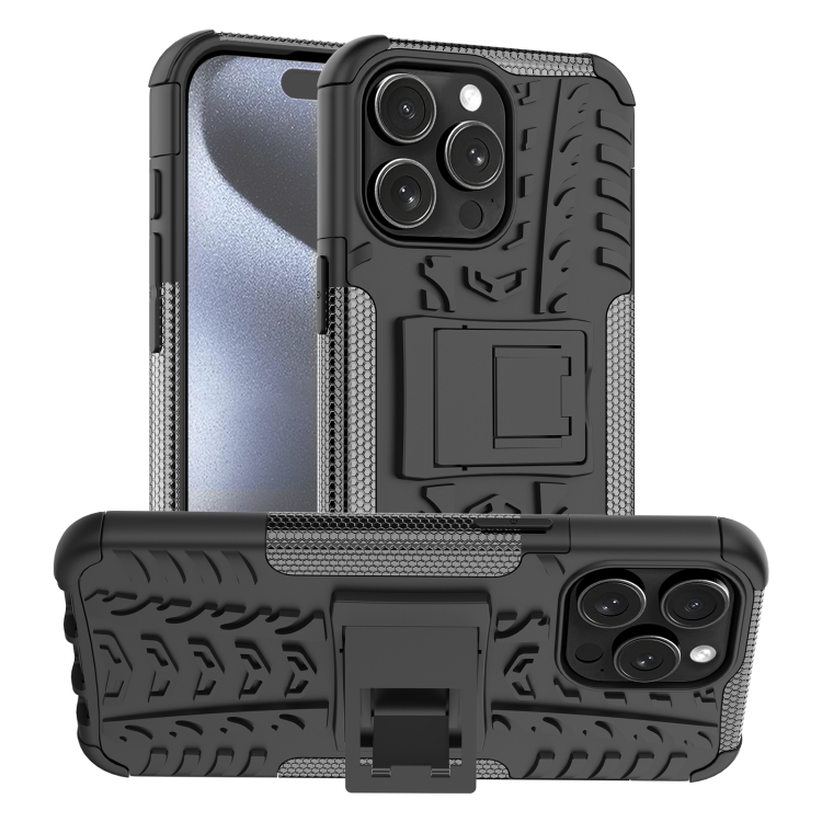 

For iPhone 15 Pro Max Tire Texture TPU + PC Phone Case with Holder(Black)