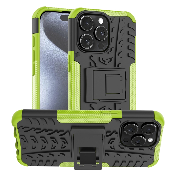 

For iPhone 15 Pro Max Tire Texture TPU + PC Phone Case with Holder(Green)