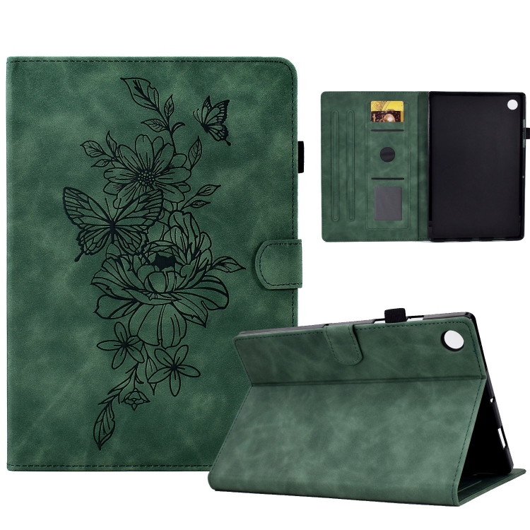 

For Samsung Galaxy Tab A9+ Peony Butterfly Embossed Leather Smart Tablet Case(Green)