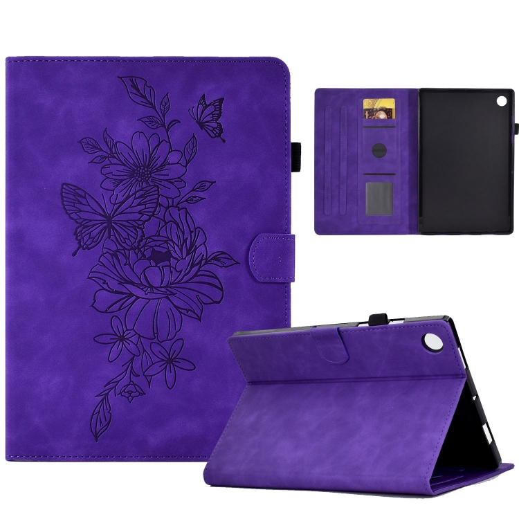 

For Samsung Galaxy Tab A9+ Peony Butterfly Embossed Leather Smart Tablet Case(Purple)