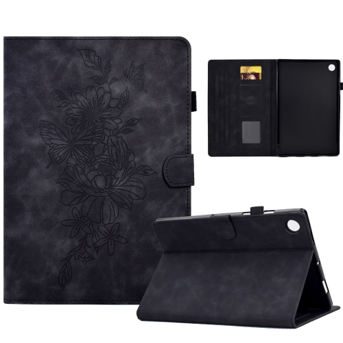 

For Samsung Galaxy Tab A9 Peony Butterfly Embossed Leather Smart Tablet Case(Black)