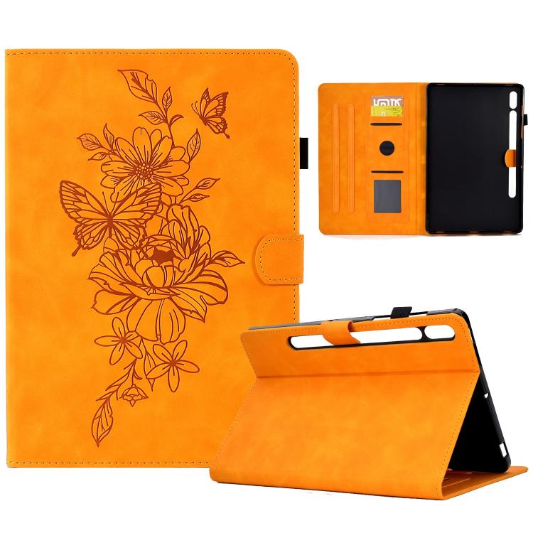 

For Samsung Galaxy Tab S10 FE+ Peony Butterfly Embossed Leather Smart Tablet Case(Khaki)