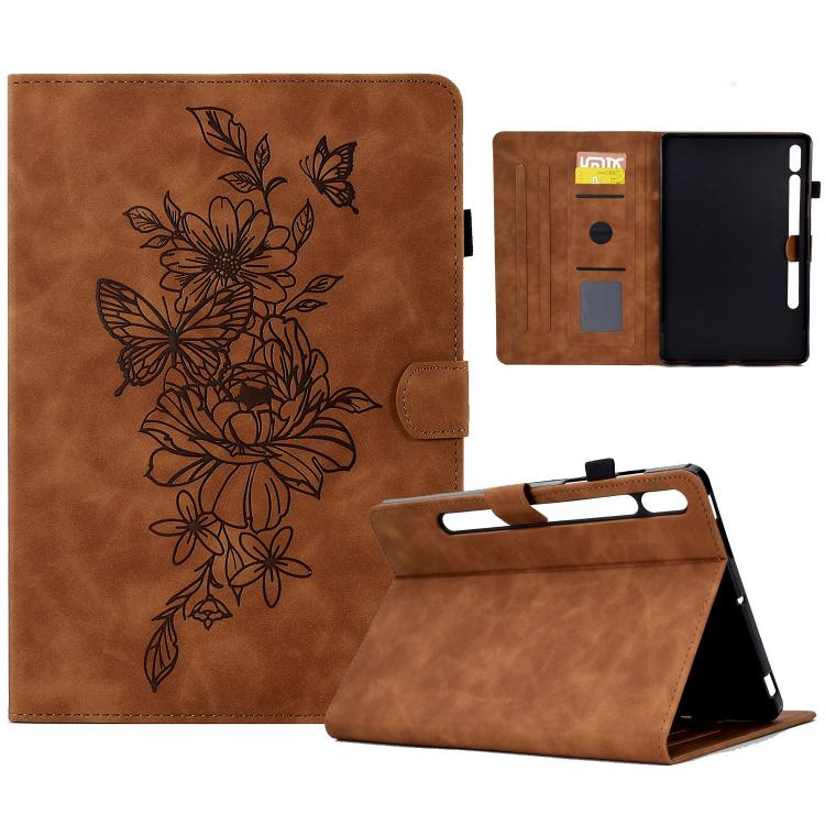 

For Samsung Galaxy Tab S10 FE+ Peony Butterfly Embossed Leather Smart Tablet Case(Brown)