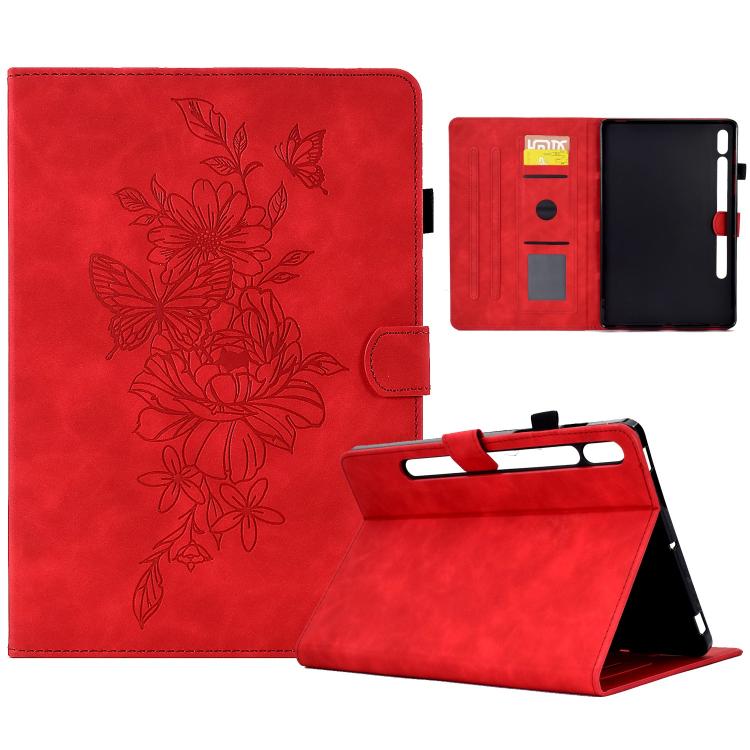 

For Samsung Galaxy Tab S10 FE+ Peony Butterfly Embossed Leather Smart Tablet Case(Red)