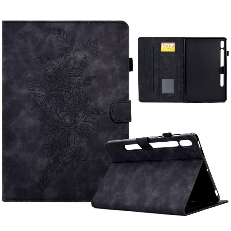 

For Samsung Galaxy Tab S10 FE+ Peony Butterfly Embossed Leather Smart Tablet Case(Black)