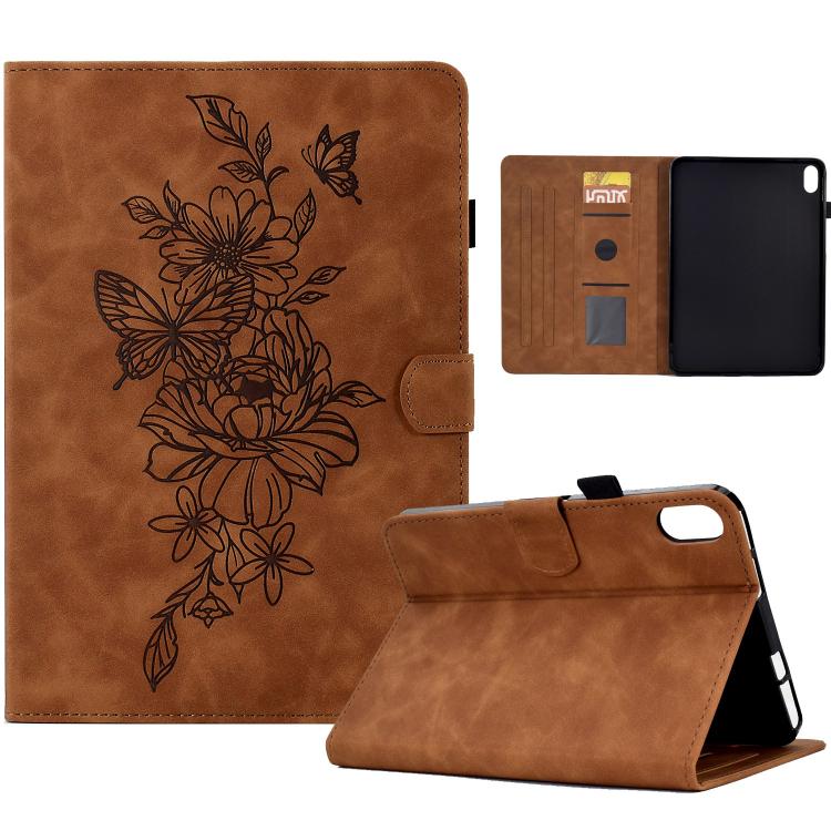 

For Samsung Galaxy Tab S11 Peony Butterfly Embossed Leather Smart Tablet Case(Brown)