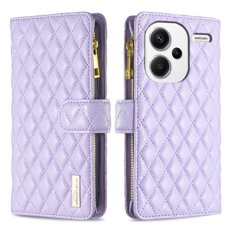 

For Xiaomi Redmi Note 13 Pro+ 5G Diamond Lattice Zipper Wallet Leather Flip Phone Case(Purple)