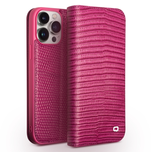 

For iPhone 15 Pro Max QIALINO Little Crocodile Texture Genuine Leather Phone Case(Rose Red)