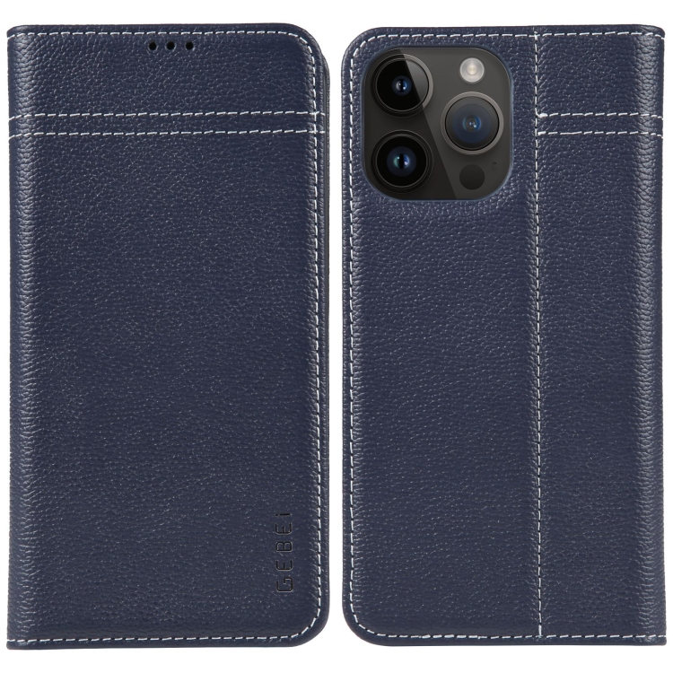 

For iPhone 15 Pro Max GEBEI Top-grain Horizontal Flip Leather Phone Case(Blue)