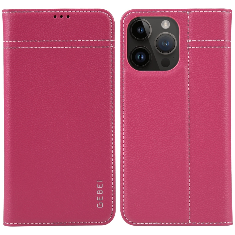

For iPhone 15 Pro Max GEBEI Top-grain Horizontal Flip Leather Phone Case(Rose Red)