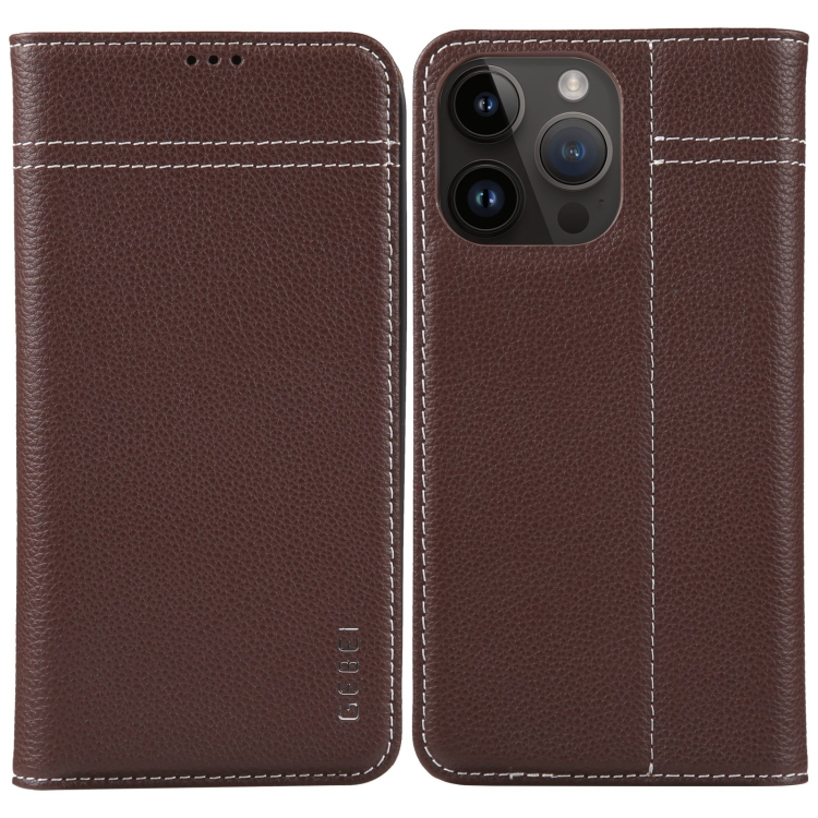 

For iPhone 15 Pro GEBEI Top-grain Horizontal Flip Leather Phone Case(Brown)