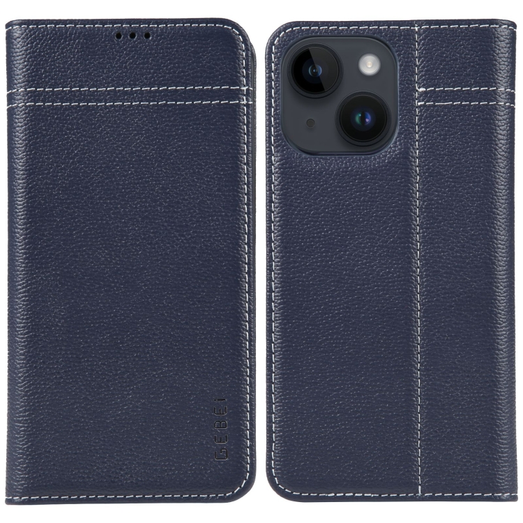 

For iPhone 15 GEBEI Top-grain Horizontal Flip Leather Phone Case(Blue)