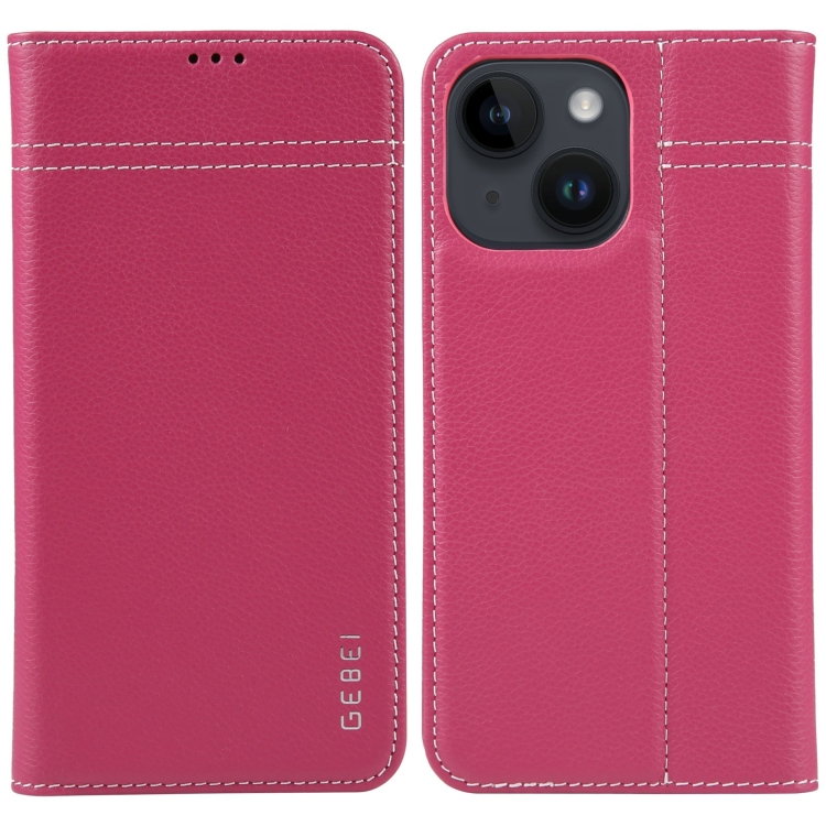 

For iPhone 15 GEBEI Top-grain Horizontal Flip Leather Phone Case(Rose Red)