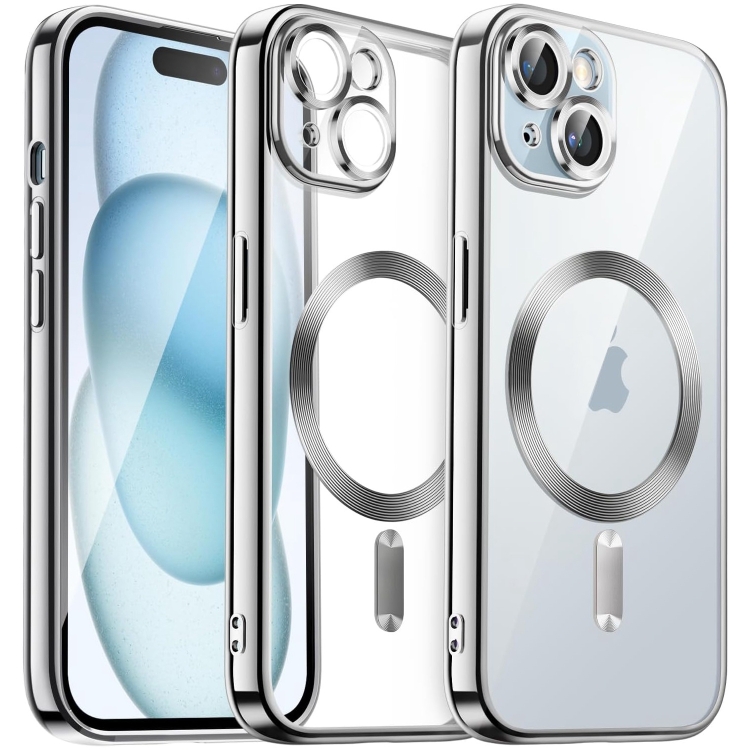 

For iPhone 15 Transparent Electroplated Magsafe Magnetic TPU Phone Case(Silver)