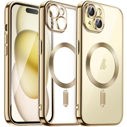 For iPhone 15 Plus Magsafe Magnetic Transparent Electroplated TPU Phone Case(Gold) 6 pcs transparent wall protect pads thicken mute door stopper shock safety bumpers for door handle wall protection