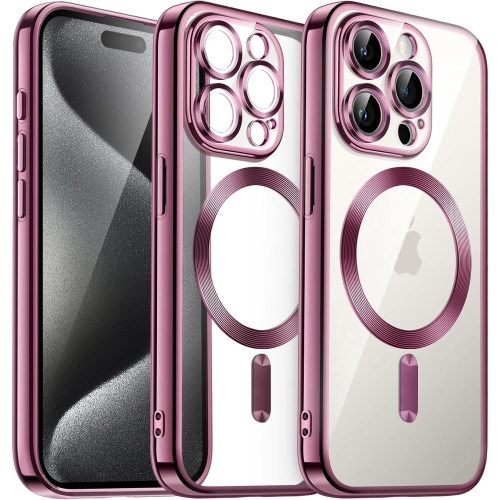 For iPhone 15 Pro Max Magsafe Magnetic Transparent Electroplated TPU Phone Case(Pink) 6 pcs transparent wall protect pads thicken mute door stopper shock safety bumpers for door handle wall protection