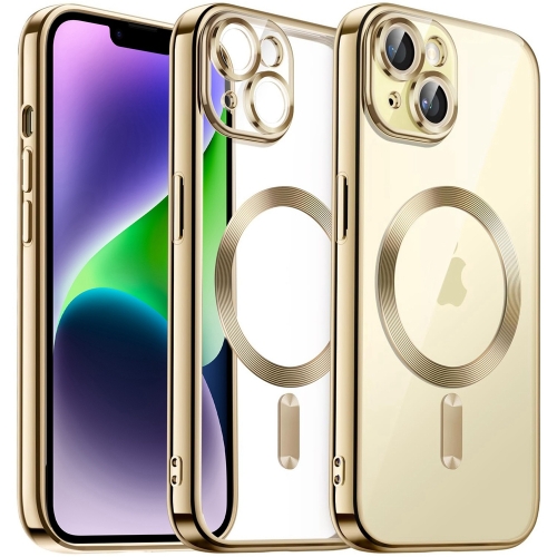 For iPhone 14 Plus Magsafe Magnetic Transparent Electroplated TPU Phone Case(Gold) 2pcsl set box book compass brass probe feng shui compass magnetic divine dragon dowsing rod gold and silver search too