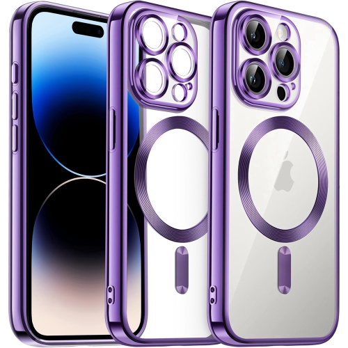For iPhone 14 Pro Max Magsafe Magnetic Transparent Electroplated TPU Phone Case(Purple) phonecase watermelon designs soft tpu cover phone shells shockproof slim flexible protective anti slip cell phone cover for iphone