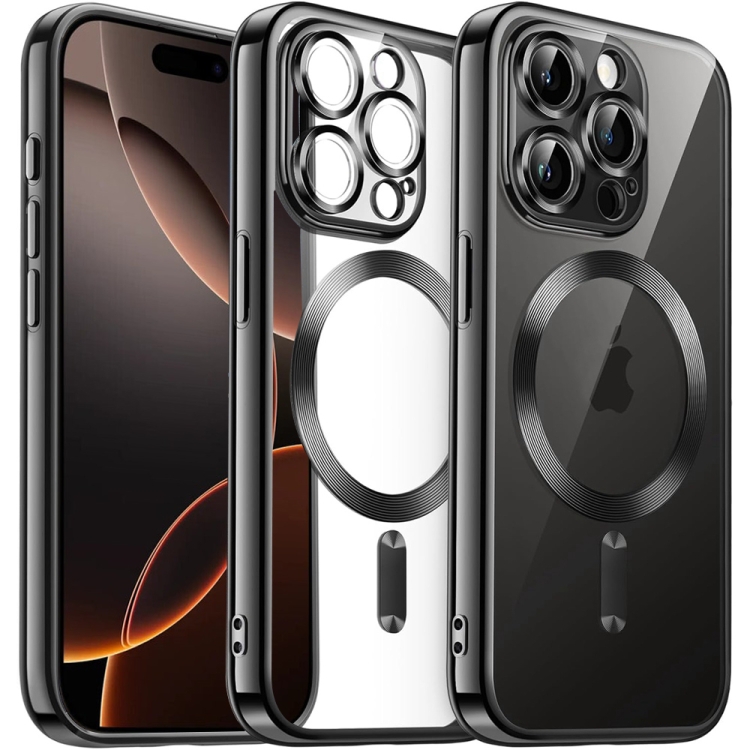 

For iPhone 16 Pro Transparent Electroplated Magsafe Magnetic TPU Phone Case(Black)