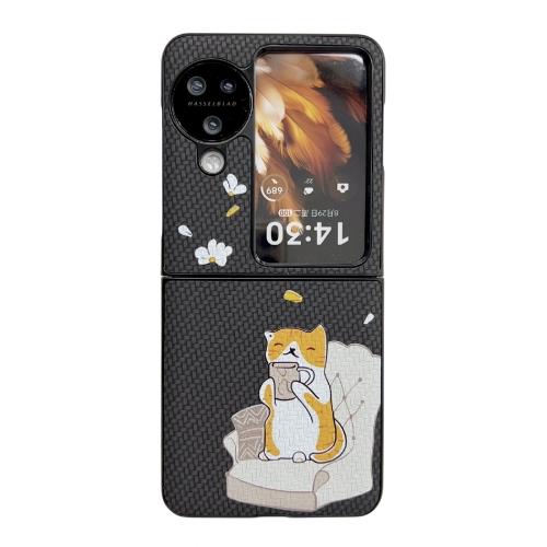 

For OPPO Find N3 Flip Braided Texture Colored Drawing Pattern Phone Case(Black Coffee Cat)