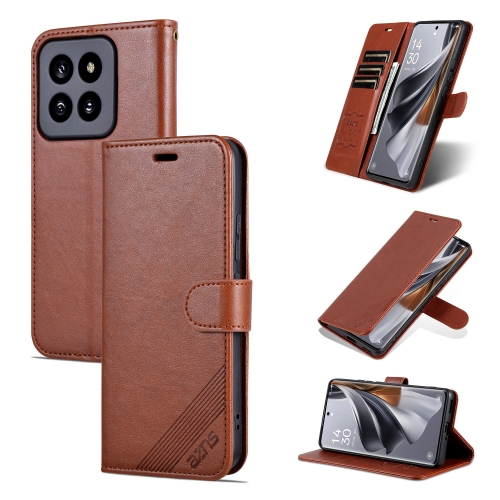 For Xiaomi 14 Pro AZNS Sheepskin Texture Flip Leather Phone Case(Brown) for iphone 14 pro max skin feeling oil leather texture pu tpu phone case brown