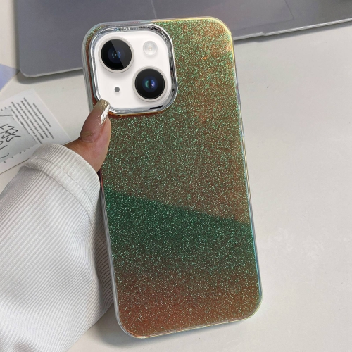 For iPhone 14 Plus Electroplated Frame IMD Glitter Powder Phone Case(Green) for iphone 14 pro max electroplated frame imd glitter powder phone case green