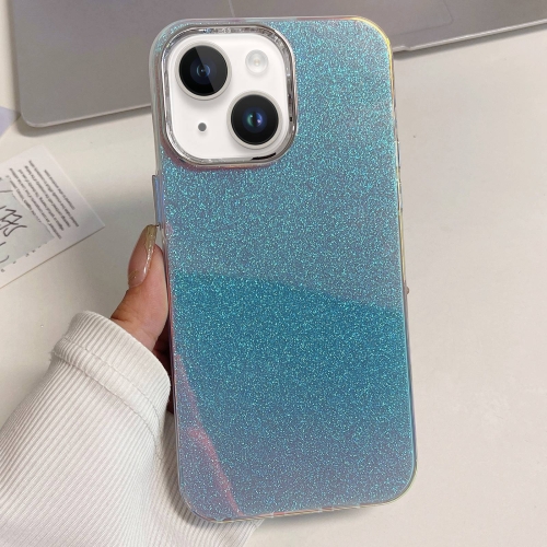 

For iPhone 14 Electroplated Frame IMD Glitter Powder Phone Case(Silver Blue)