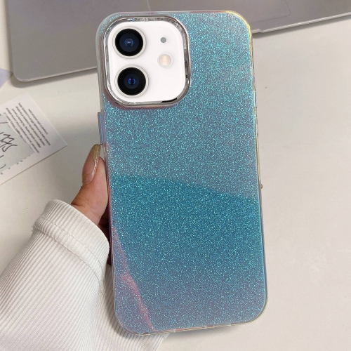 

For iPhone 12 Electroplated Frame IMD Glitter Powder Phone Case(Silver Blue)