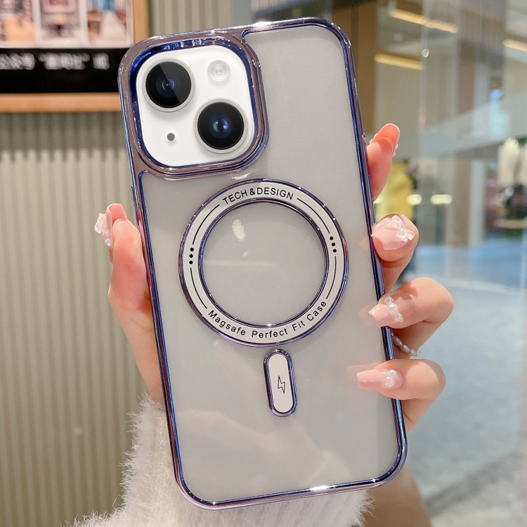 

For iPhone 14 Plus MagSafe Magnetic Transparent TPU Electroplated Phone Case(Blue)