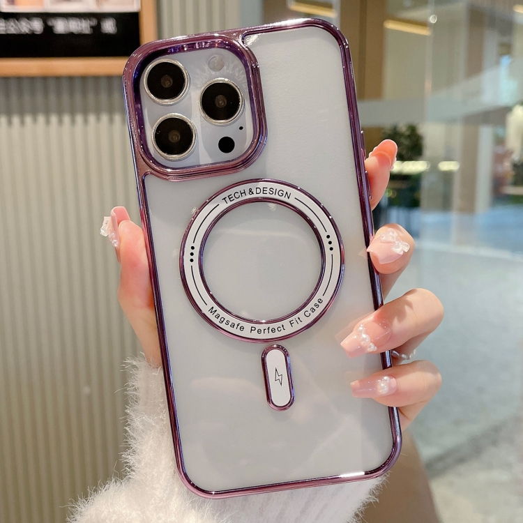 

For iPhone 14 Pro MagSafe Magnetic Transparent TPU Electroplated Phone Case(Purple)
