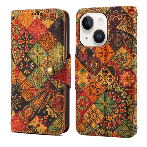 

For iPhone 15 Plus Denior Flower Language Series Cork Fabric Oil Edge Leather Phone Case(Autumn)
