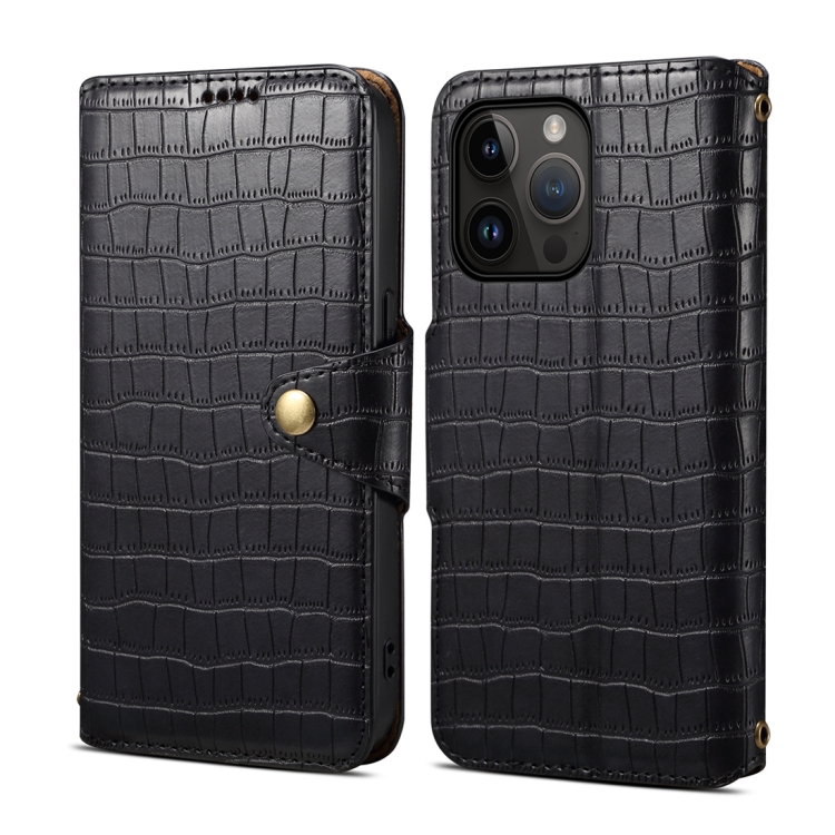 

For iPhone 15 Pro Denior Crocodile Texture Oil Edge Leather Phone Case(Black)