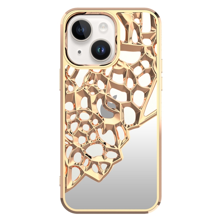 

For iPhone 15 Mirror Style Hollow Heat Dissipation Electroplated TPU Phone Case(Gold)