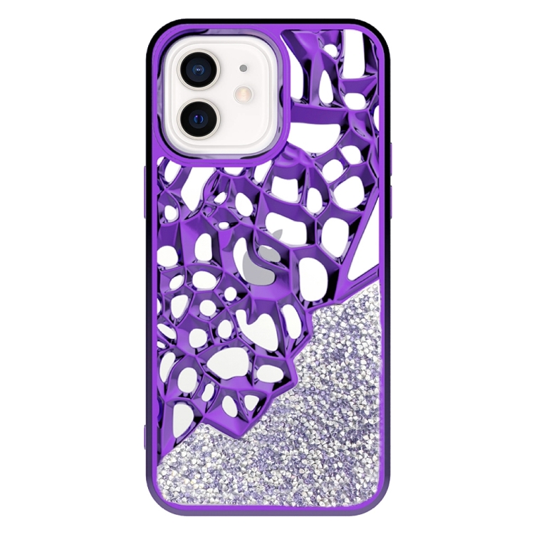 

For iPhone 12 Diamond Style Hollow Heat Dissipation Electroplated TPU Phone Case(Purple)