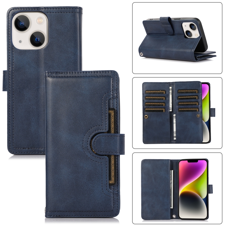 

For iPhone 14 Plus Wristband Card Slot Leather Phone Case(Blue)