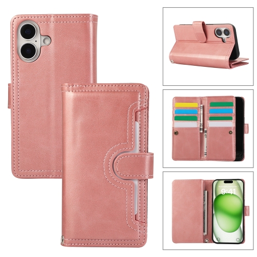 

For iPhone 16 Plus Wristband Card Slot Leather Phone Case(Rose Gold)