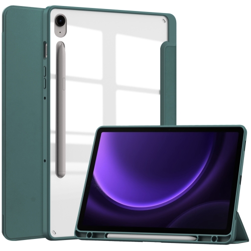 

For Samsung Galaxy Tab S9 FE Acrylic 3-folding Smart Leather Tablet Case with Pen Slot(Dark Green)